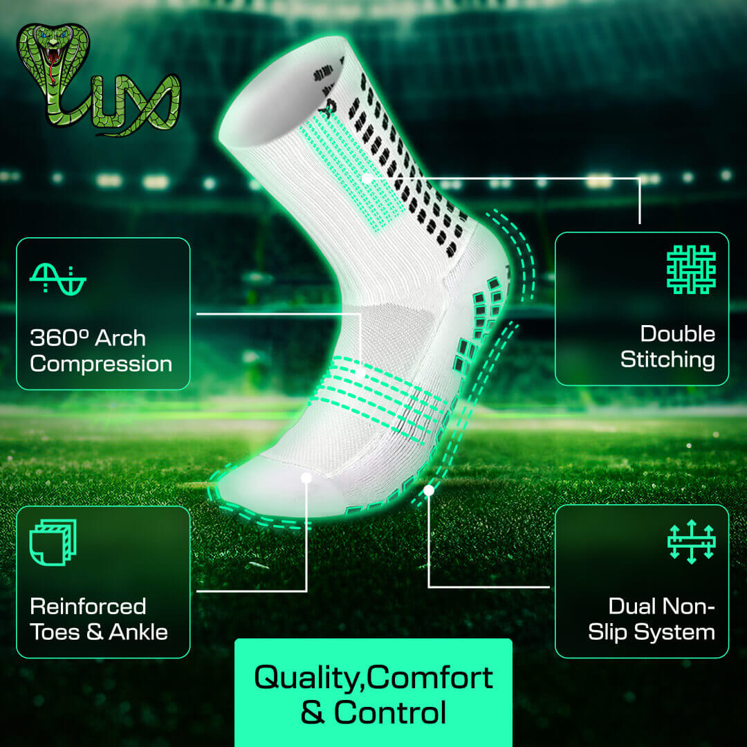 Chaussettes de Soccer LUX Anti-Dérapantes Mollet, Chaussettes avec Coussinets Antidérapants pour Football/Basketball/Hockey, Blanc Large, Lot de 2