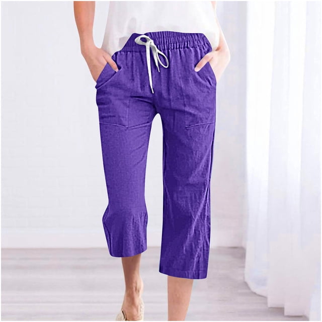 LSLJS Women's Fragrant Hemp Solid Color Loose Women Fashion Drawstring Pants Seven Pants Pockets Womens Work Pants