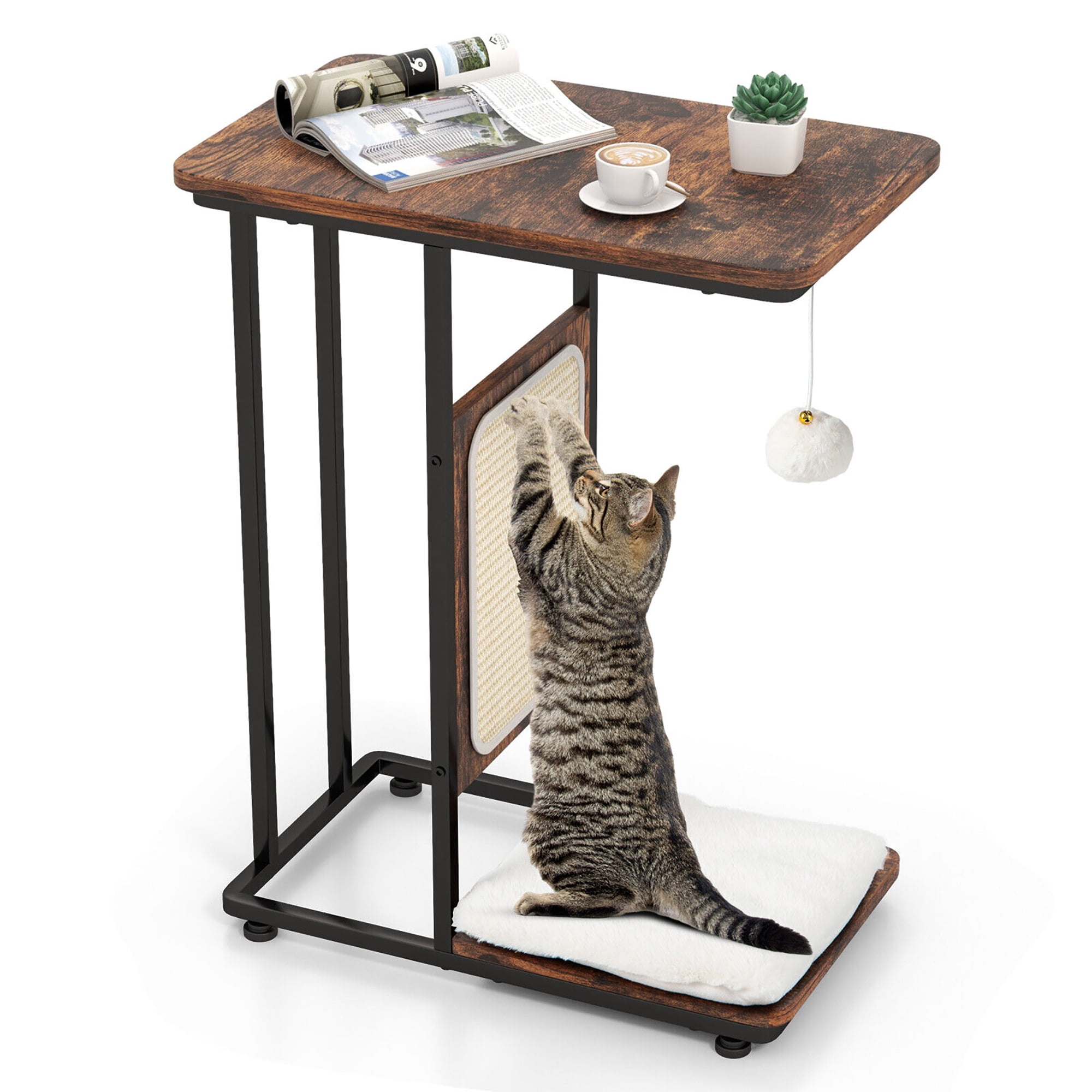 Gymax Cat Tree & C- Shaped Cat Side Table w/ Scratching Board Hanging Toy Rustic Brown