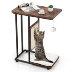 Gymax Arbre de chat & C- Table latérale en forme de chat avec planche à gratter Jouet suspendu Rustique brun