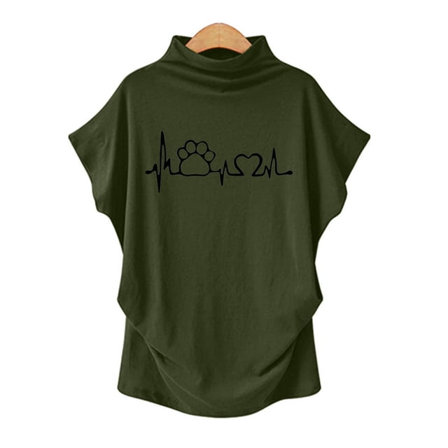 Femme Col Roulé Manches Courtes Coton Imprimé Blouse Décontractée Haut T-Shirt Grande Taille