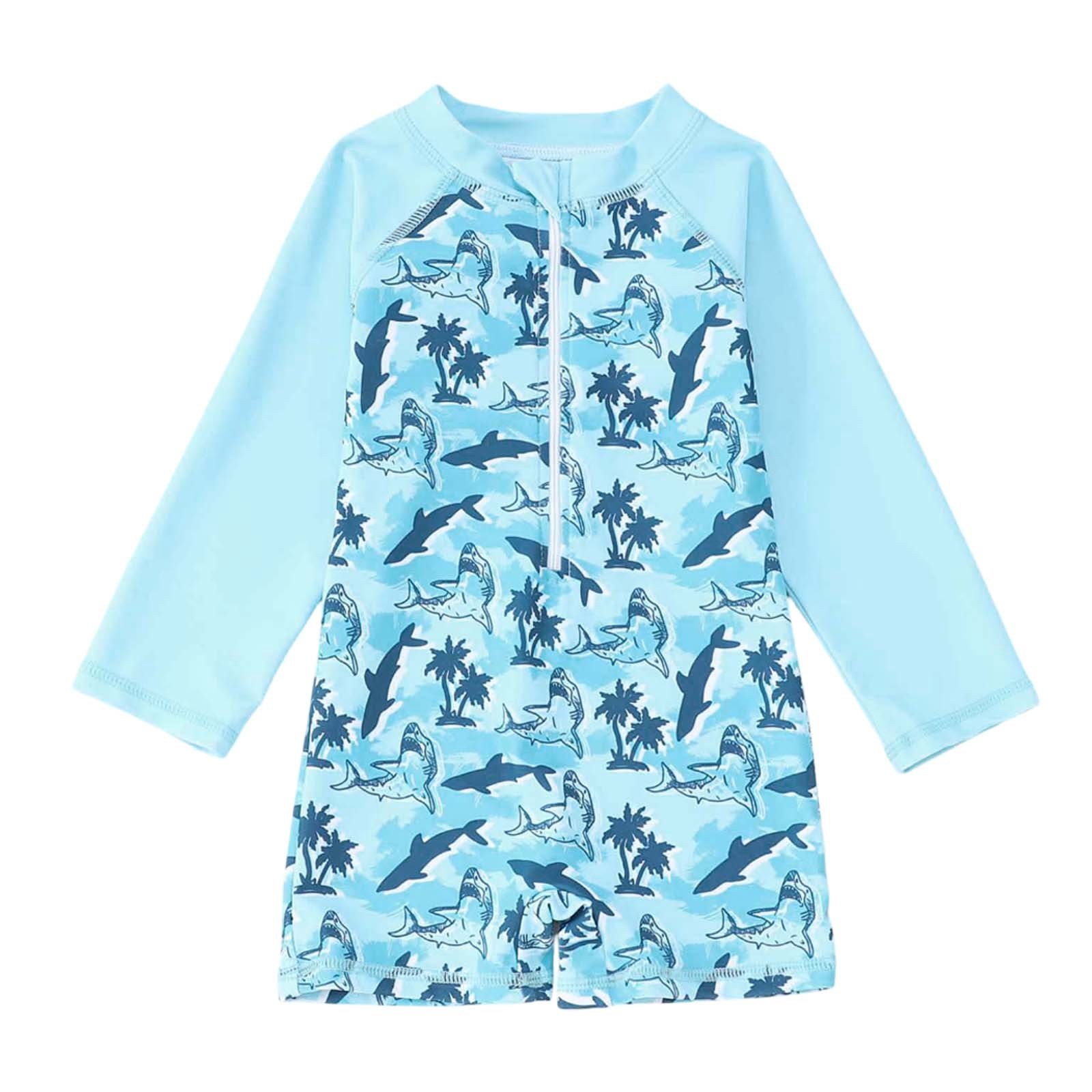 TOOYOU Toddler Boy Swimsuit Swimwear Long Sleeve Rash Guard Print For Baby Beach Pool Swimming Sun Summer Outfit Child Bathing Suit For Swimming Lessons And Beach Size 12-18 Months,Light Blue