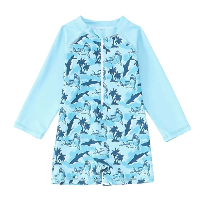 TOOYOU Toddler Boy Swimsuit Swimwear Long Sleeve Rash Guard Print For Baby Beach Pool Swimming Sun Summer Outfit Child Bathing Suit For Swimming Lessons And Beach Size 12-18 Months,Light Blue