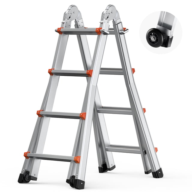 VEVOR Telescoping Ladder A Frame 13 FT Extension Multi-Function, shown in an A-frame configuration with a durable aluminum alloy frame and orange accents. Features include non-slip foot caps, a locking mechanism for stability, and dual wheels for easy transport. The ladder offers three adjustable angles and a telescoping design for versatile use in home improvement, repairs, and maintenance tasks.