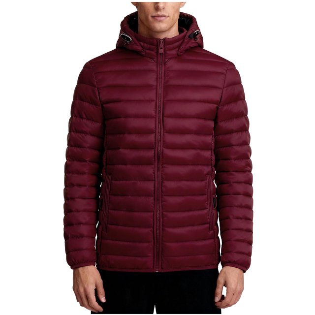 hoksml Men's Detachable Hood Puffer Jacket with Slash Pockets Solid Color Zip-Front Quilted Coat for Winter Warmth
