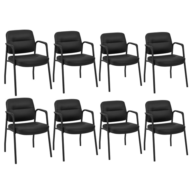 Costway Waiting Room Chair No Wheels Set of 8 with Integrated Armrests for Reception. This set includes eight black chairs with ergonomic padded backrests, curved armrests, and thick cushioned seats upholstered in PU and PVC leather. The chairs feature a sturdy powder-coated metal frame with non-slip foot pads for stability and floor protection. Ideal for offices, conference rooms, and waiting areas, these chairs provide comfort and durability for guests and visitors. Dimensions: 23" x 22" x 32" (L x W x H).