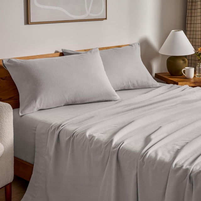 Flannel Sheet Set Cotton Velvety Soft Heavyweight - Double Brushed Flannel - Deep Pocket (Queen Grey)