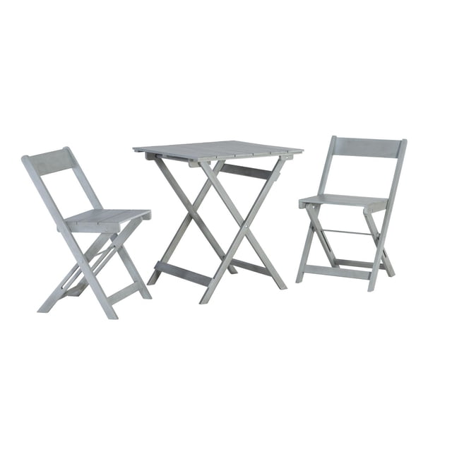 Holden Grey Three-Piece Square Table Set with foldable grey acacia wood table and two folding chairs, designed for outdoor patio dining with easy storage and durable support up to 100 lbs on the table and 225 lbs per chair.