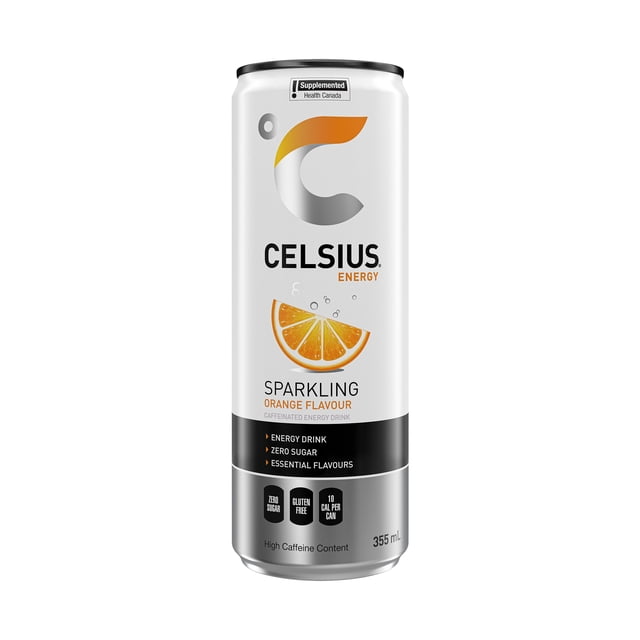 Celsius Orange Energy Drink 355 mL can with white and silver design featuring the orange and gray 'C' logo, sparkling orange slice graphic, zero sugar, gluten-free, 10 calories per can, and high caffeine content, ideal for refreshing energy boost.