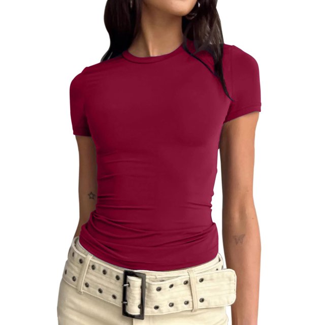 RKSTN Hauts pour Femmes Été Ajusté Manches Courtes Basiques Col Rond Hauts Décontractés Chandail Uni T-shirt à la Mode Hauts