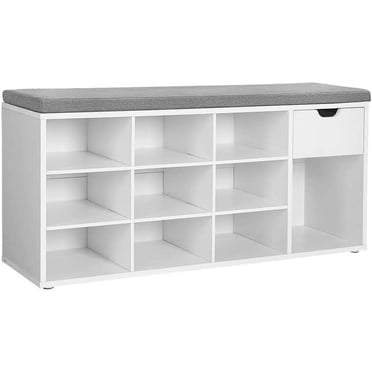 VASAGLE Shoe Bench, Storage Bench with Drawer and Open Compartments, Shoe Shelf, Padded Seat, for Entryway, Living Room, Bedroom, White and Gray