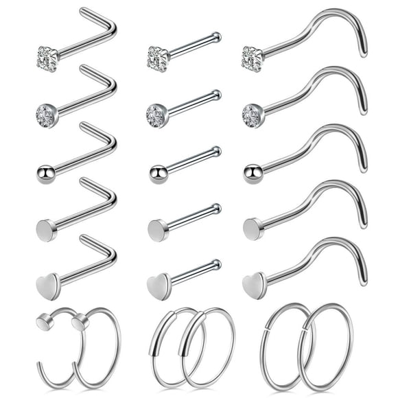 Bamboohart 21Pcs Nose Rings L Shaped Nose Studs Hoop 20G Surgical Steel Nose Piercing Jewelry