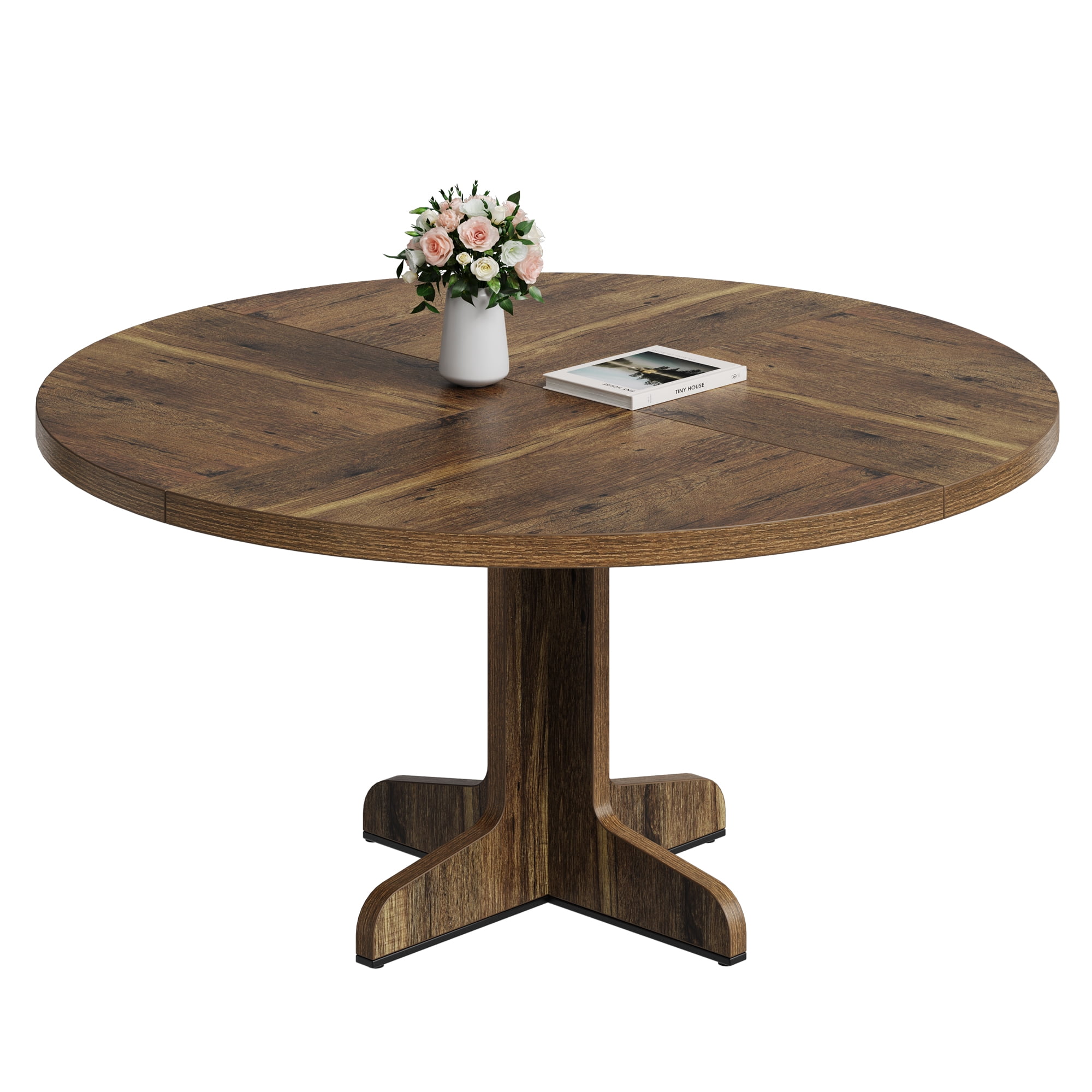 Farmhouse Style Round Dining Table for 4-6 – 47" Wood Table with Durable Base – Perfect for Kitchen, Dining or Living Room – Rustic Charm – Phoebe Nanmu