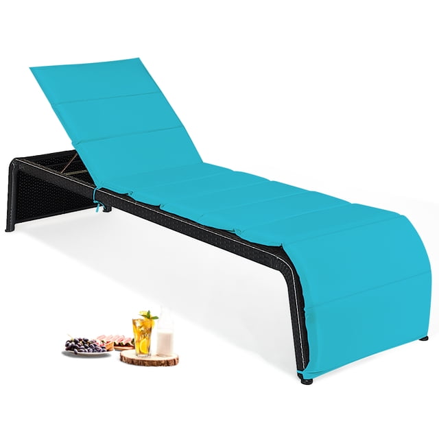 Topbuy Adjustable Outdoor Rattan Chaise Lounge Recliner Couch with Turquoise Cushions