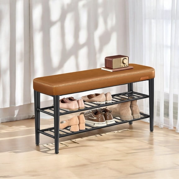 LEDREM EKHO Collection Shoe Rack Bench, Mid-Century Modern Storage Bench with 3-Tier Shelf, 300-lb Capacity Entryway Organizer,Caramel Brown