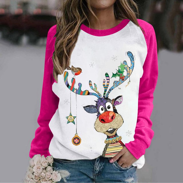 Costumes de Noël en Solde Col Rond Mode Décontractée Manches Longues Chandail en Molleton Imprimé de Noël Blouse Chandail en Molleton Surdimensionné pour Femmes