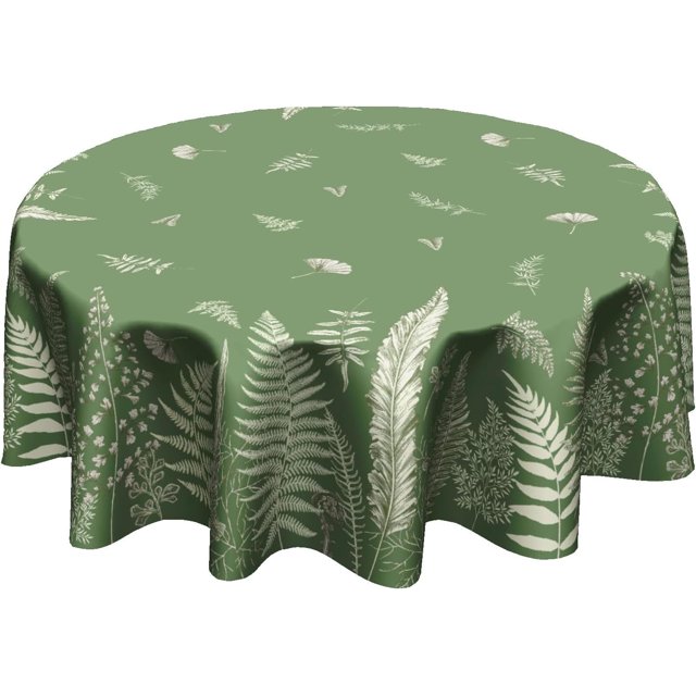 60-inch round tablecloth in sage green with a botanical fern and herb pattern. Made of waterproof polyester, this farmhouse-style table cover is stain-resistant, crease-resistant, and reusable. Suitable for kitchen, dining, picnic, or party decor, it protects tables from scratches and stains while adding a fresh, natural aesthetic.