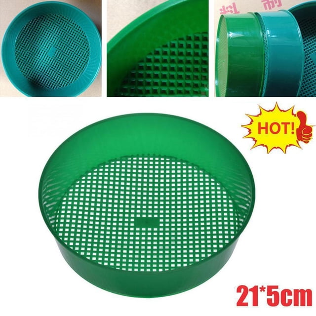New Year Deals! Garden Soil Sieve, Plastic Mesh Soil Sieve Mesh Screen, Plastic Garden Sieve Riddle Green for Compost Soil Stone Mesh Gardening Tool. A lightweight, green plastic garden sieve with a mesh screen designed for filtering soil, stones, and compost. The sieve measures 21x5cm with a pore size of approximately 3-3.5mm, ideal for balcony or mini gardens. The image shows a close-up of the sieve's mesh and its circular design.