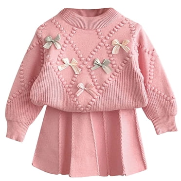 Zecgelong Girls Knit Sweater Set Winter Outfits For Toddler Kids Soft Comfortable Casual Dress With Bow Embroidery Elegant Two Piece Girls Clothing Sets