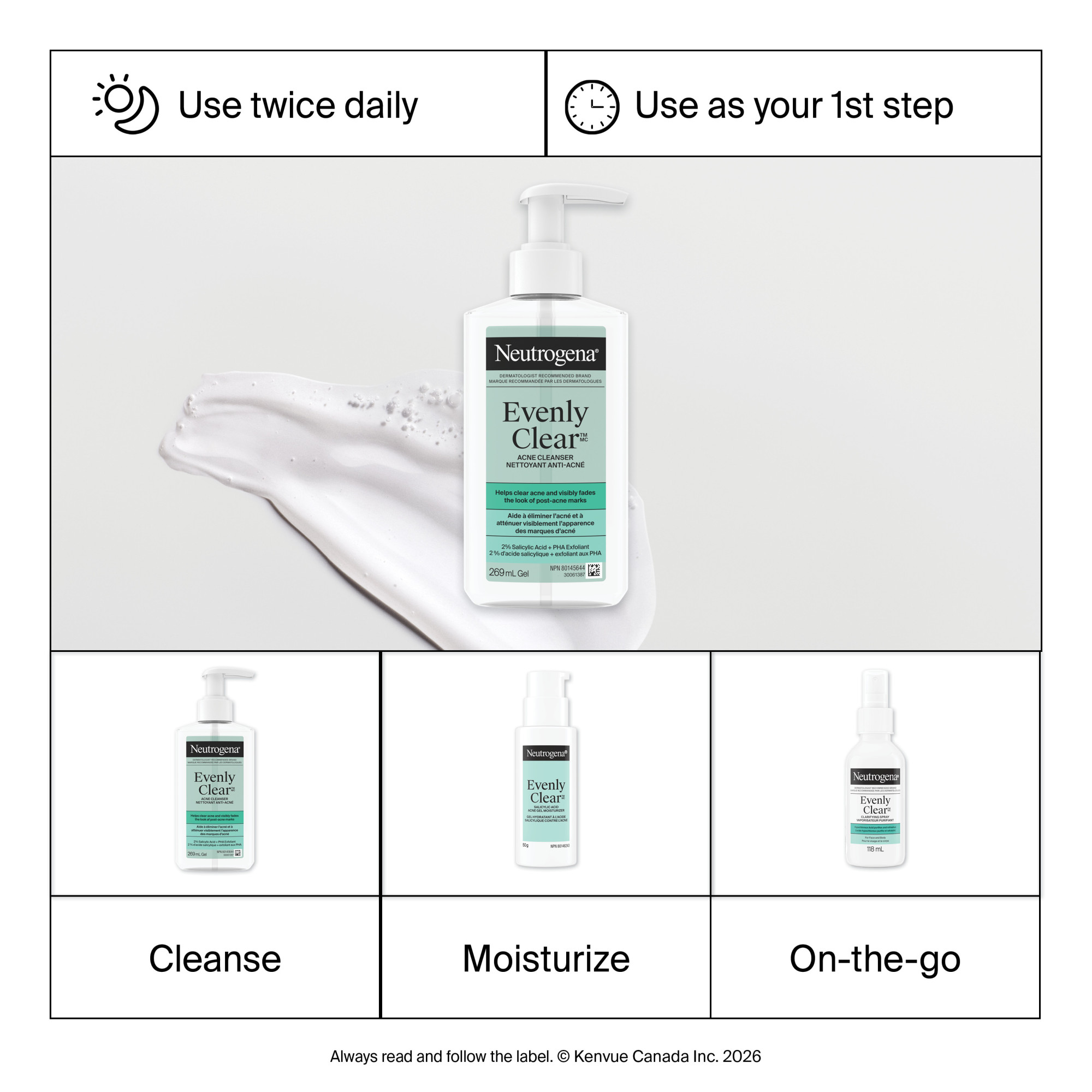 Nettoyant anti-acné Neutrogena Evenly Clear avec 2 % d’acide salicylique et 2 % d’exfoliant PHA, mousse douce pour le visage qui élimine les points noirs, atténuant les marques d’acné, 269 mL