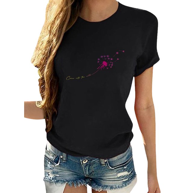 Innerwin Hauts Imprimé Pissenlit T-Shirts pour Femmes Vacances Col Rond Vintage Noir G