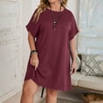 thumbnail image 2 of Ersazi Robe Maxi à Manches Longues Grande Taille pour Femmes, Coupe Ample, Col Rond, Robe d'Été à Manches Courtes en Coton et Lin en Liquidation, Bourgogne, TG, 2 of 9