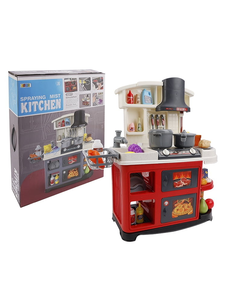 52-Piece Kids Play Kitchen Set with Faucet Water Spray – Realistic Cooking Toy, Stove with Lights & Sounds, Oven Doors, Utensils & Food, Pretend Play for Toddlers