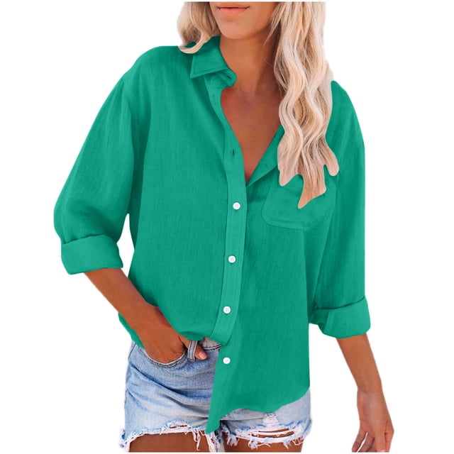 Timegard Button down Shirts for Women Cotton Linen Lapel Neck Blouse Lightweight Fall Casual Loose Tops