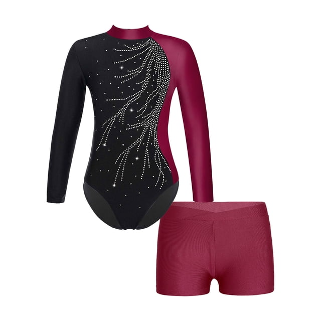 renvena Girls Gymnastics Leotards and Shorts Set Rhinestone Long Sleeve Ballet Unitard Biketards Burgundy 12
