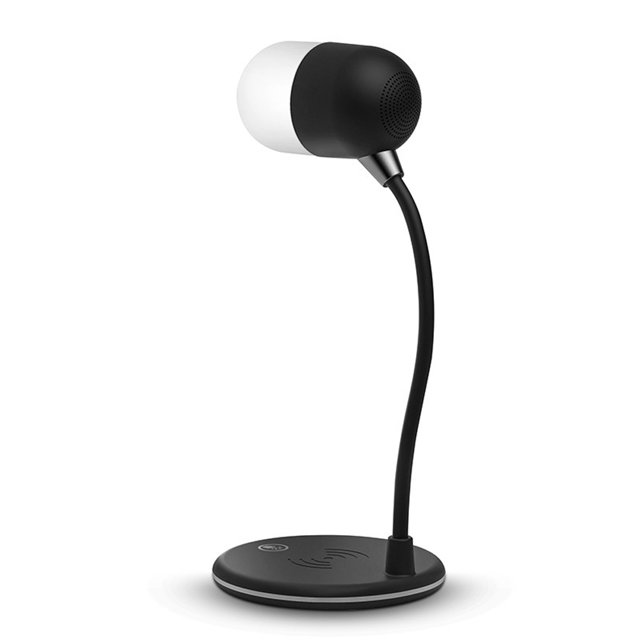 Graflsoa Lampe de Bureau LED Multifonction avec Recharge Sans Fil, Haut-Parleur Bluetooth 5.0, Modes 3 Couleurs, Gradation Continue et Col de Cygne Réglable à 360° en Noir