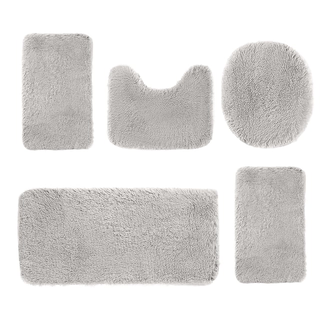 zanvin Bath Mat, Solid Color Bath Mats 5 Set Bathroom Rugs in gray, designed for modern bathroom decor. Includes five pieces: a toilet mat, bath mat, floor mat, and toilet seat cover. Made of velvet fleece with memory foam, these mats are soft, water-absorbent, non-slip, and machine washable. Ideal for housewarming gifts and bathroom rug sets.