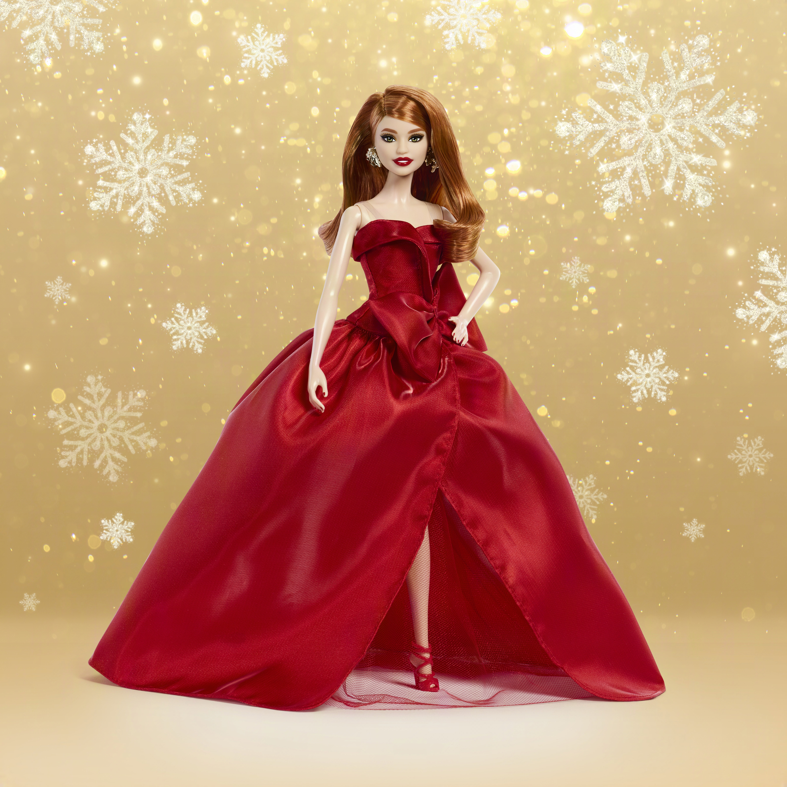 Poupée mode Barbie Joyeux Noël 2026​Barbie Signature, poupée saisonnière à collectionner, cheveux roux, robe rouge avec nœud