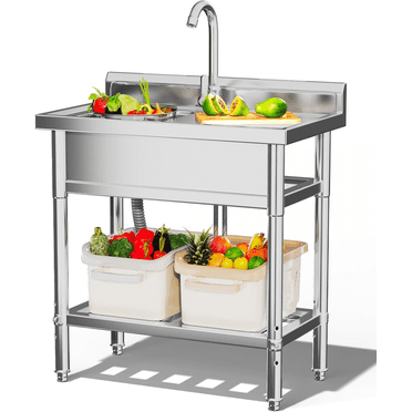 JFHID Freestanding Single Bowl Stainless Steel Outdoor Utility Sink with Shelf Board and Hose Hookup