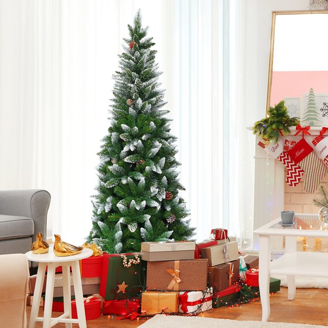 Gymax 6ft Snow Flocked Pencil Christmas Tree Classic Realistic PVC Needles w/ Pine Cones