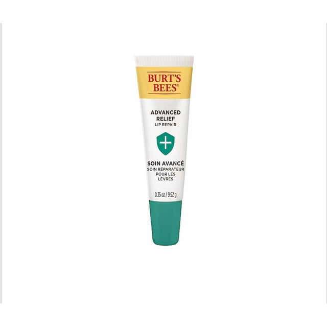 Burt’s Bees® Advanced Lip Relief with Shea Butter and Echinacea in a white and yellow tube with green cap, featuring a green shield with a white cross, a natural lip balm that repairs and hydrates severely dry lips with long-lasting moisture and natural ingredients.