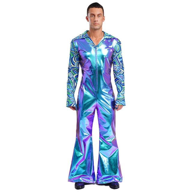 iiniim Men Shiny Metallic Jumpsuits 70s Disco Dance Leotards Stage Performance Costume Wide Leg Rompers Blue S