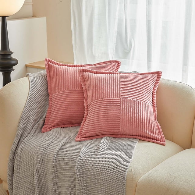 Renjiang Pillow Covers 18x18 Inch Soft Striped Corduroy Splicing Pillow Covers Rust Decorative Sofa Bed Textured Touch Corduroy Throw Pillows for Couch Cushion