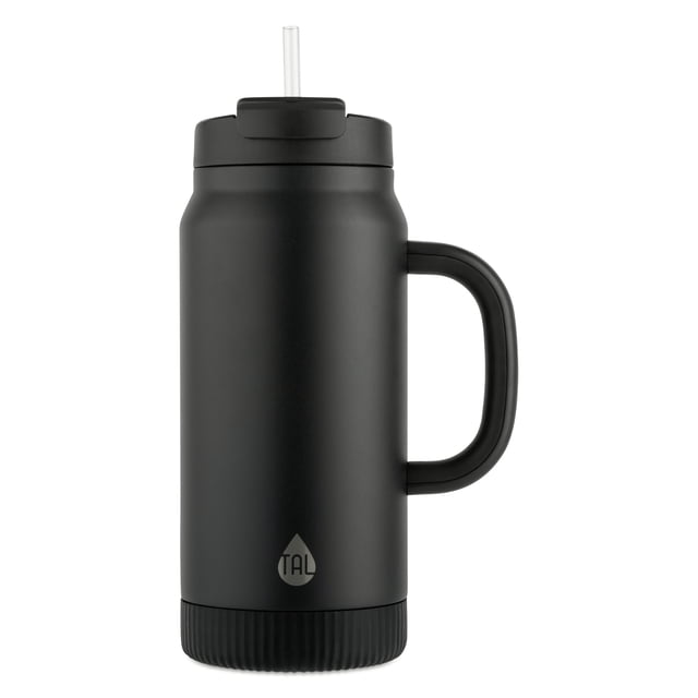 TAL 64oz Hudson water bottle black matte stainless steel tumbler with a side handle and dual-functioning lid featuring a flip-up sip straw, designed for insulated beverage storage to keep drinks cold or warm, suitable for portable hydration during outdoor activities.