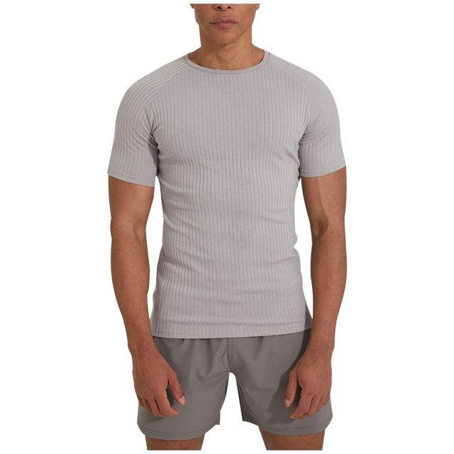 cfhntfmh Men's Muscle T Shirts Ribbed Knit Stretch Short Sleeve Round Neck Workout Tees Solid Color Slim Fit Knit Shirts