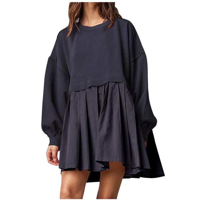 Womens Oversized Sweatshirt Dress Long Flowy Patchwork Pullover Tops Cute Drop Shoulder Sweatshirts Fall Long Sleeve Mini Dress Teen Girls Crewneck Solid Tunic Pleated Loose Clothing Beig