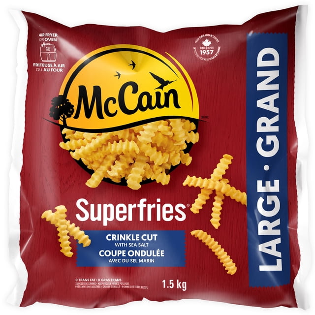 McCain Superfries Frites Ondulées 1,5 kg Grand Sac Rouge avec logo McCain Jaune, Montrant des Frites Ondulées au Sel de Mer, Convient à la Cuisson au Four Ou à la Friteuse à air Chaud, Soulignant Sa Taille Familiale et Son Origine Canadienne depuis 1957.