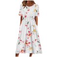 thumbnail image 1 of QJUHUNG Midi pour Femmes Été Décontracté Ample Bohème à Imprimé Floral Col Ras du Cou Manches Courtes Longueur Genou Robe Froncée avec Poches, 1 of 7