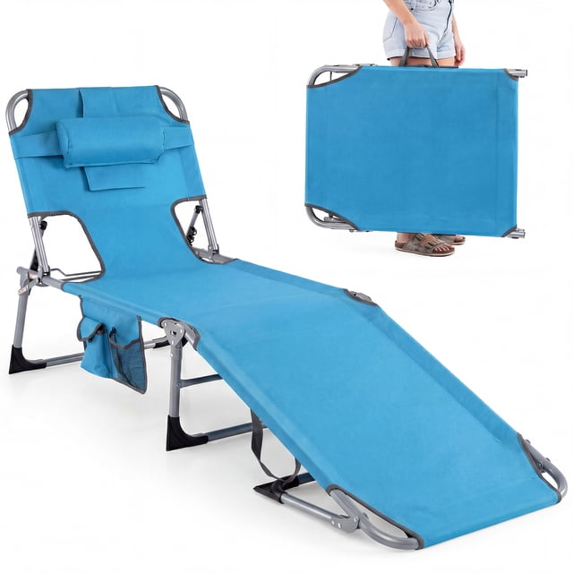 Gymax Chaise Longue de Plage Portable avec 5 Positions Réglables - Ensemble de 1, Bleu