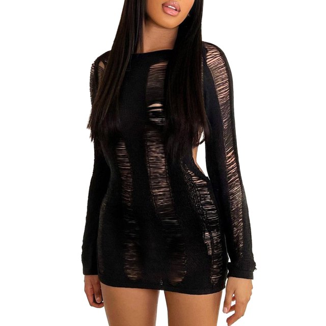 Robe Mini Ajourée pour Femmes à Manches Longues, Col Rond, Moulante, en Maille, Courte, Portefeuille, Dos Nu, Tenue de Boîte de Nuit