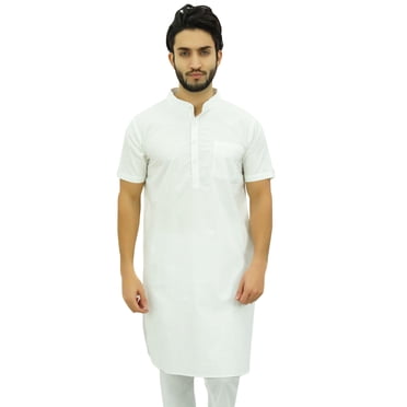Atasi Men's Ethnic White Kurta Pajama Set Casual Collar Punjabi Long Shirt-XL