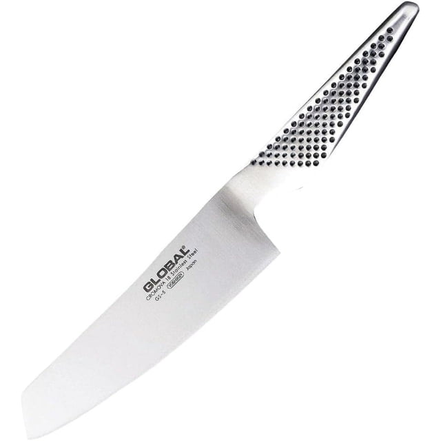 Global Classic 5.5" Vegetable Knife, also known as a nakiri knife, featuring a square-tip Japanese-style blade ideal for chopping meat, root vegetables, and large prep tasks. Made from high-tech molybdenum/vanadium stainless steel, the blade retains razor sharpness exceptionally well. The lightweight knife is precisely balanced and includes a stainless-steel handle molded for comfort with a dimpled design for a secure grip. Part of the Gs series, this knife is suitable for general and specialty preparation. Includes a lifetime warranty against defects and breakage.