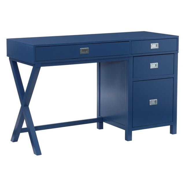 Linon Peggy Bureau Latéral de Rangement en Bois avec 4 Tiroirs Quincaillerie Argentée en Bleu Marine