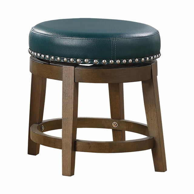Topline Home Furnishings Round Swivel Stool with dark green faux leather round seat trimmed with silver nailheads, supported by a brown wood frame with four legs and circular footrest, 18 inches high, swivels 360 degrees, ideal for kitchen or dining seating.