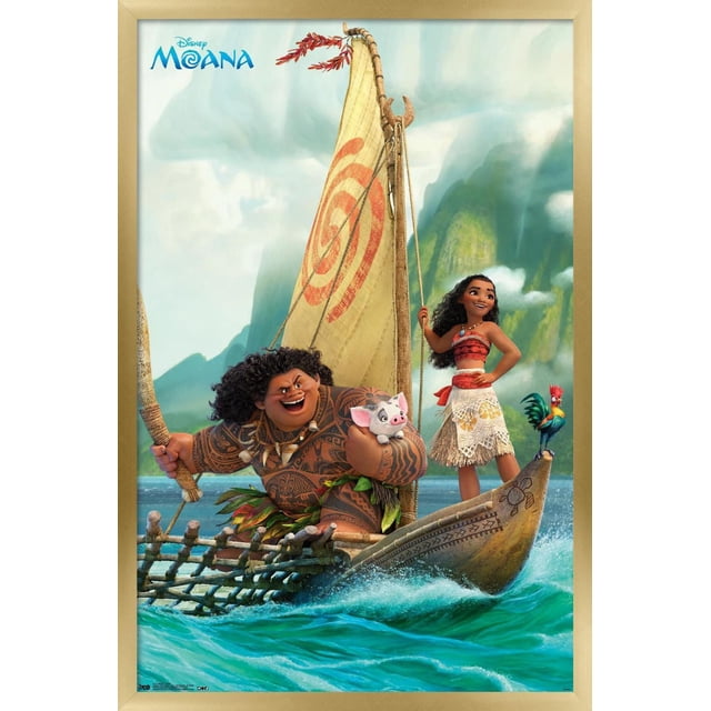 Disney Moana - Group Wall Poster, 22.375" x 34" depicting Moana and Maui on a traditional Polynesian sailing canoe with a beige sail featuring a red spiral design, Moana standing at the bow in a red top and beige skirt with lace, Maui holding the pig Pua, with green mountains and ocean waves in the background, suitable for vibrant room decor.