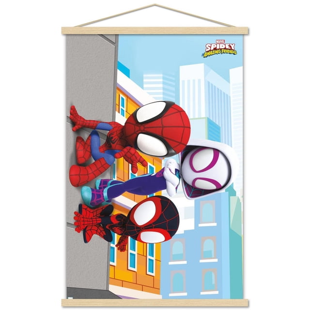 Marvel Spidey and His Amazing Friends - Affiche Murale Murale, 22,375 Pouces x 34 Pouces Représentant Trois Personnages de Spider-Man en Rouge, Bleu, Noir et Blanc, Costumes Escaladant un Mur de Construction Urbaine avec des Fenêtres Colorées et des Gratte-Ciel en Arrière-Plan, Imprimée sur Papier d'Affiche Lustré pour art Mural et Déco de Pièce, avec Cintre en Bois.